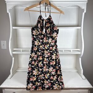 Haute Monde Black Floral Halter Open Back Dress Bodycon Coquette‎ Cottage Sexy S